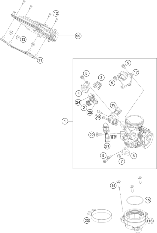 Explosionszeichnung der Baugruppe DROSSELKLAPPEN- / DREHWALZENKÖRPER, Position 1 ist markiert