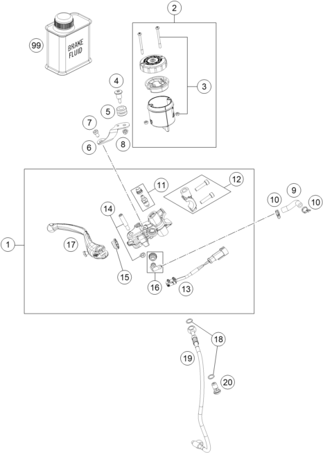 Explosionszeichnung der Baugruppe BETÄTIGUNG VORDERBREMSE, Position 1 ist markiert