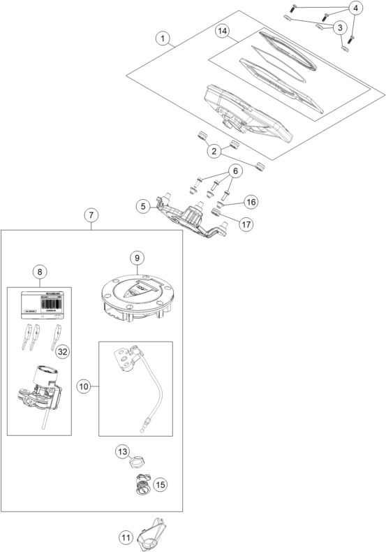 Explosionszeichnung der Baugruppe INSTRUMENTE / SCHLOSSSYSTEM, Position 7 ist markiert