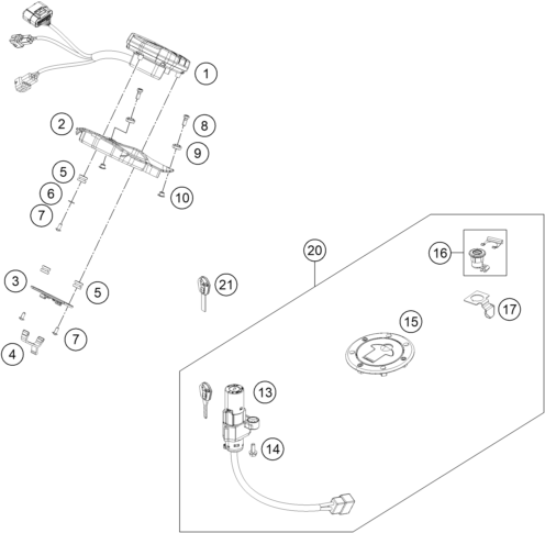 Explosionszeichnung der Baugruppe INSTRUMENTE / SCHLOSSSYSTEM, Position 15 ist markiert