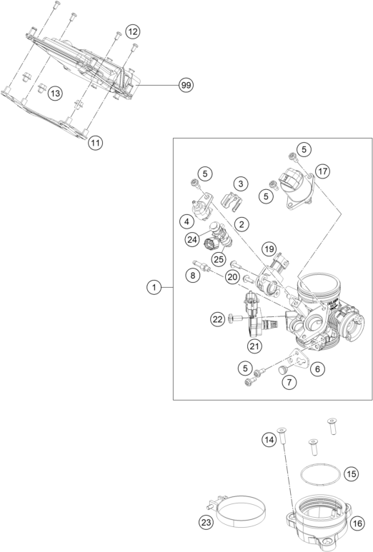 Explosionszeichnung der Baugruppe DROSSELKLAPPEN- / DREHWALZENKÖRPER, Position 1 ist markiert
