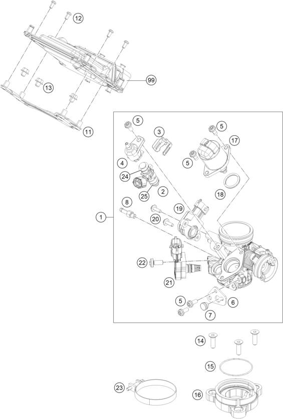 Explosionszeichnung der Baugruppe DROSSELKLAPPEN- / DREHWALZENKÖRPER, Position 16 ist markiert