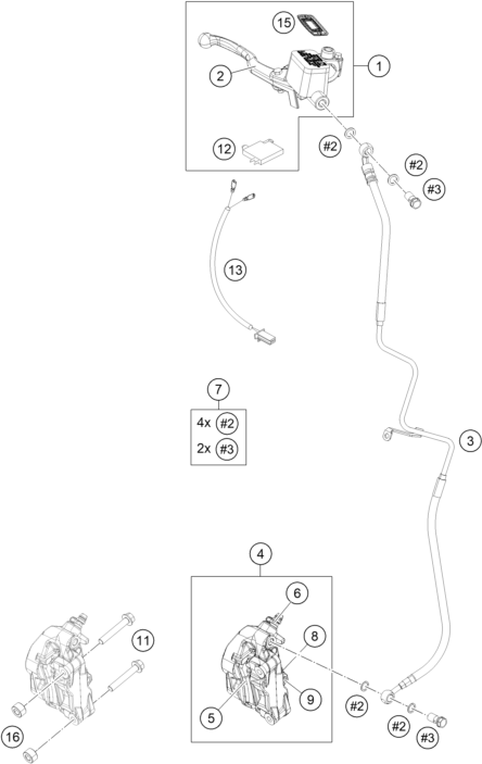 Explosionszeichnung der Baugruppe BREMSZANGE VORNE, Position 7 ist markiert