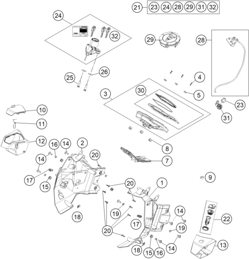 Explosionszeichnung der Baugruppe INSTRUMENTE / SCHLOSSSYSTEM, Position 32 ist markiert