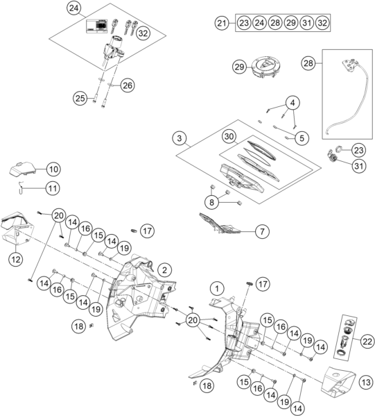 Explosionszeichnung der Baugruppe INSTRUMENTE / SCHLOSSSYSTEM, Position 17 ist markiert