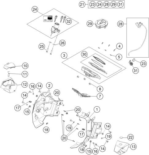 Explosionszeichnung der Baugruppe INSTRUMENTE / SCHLOSSSYSTEM, Position 29 ist markiert