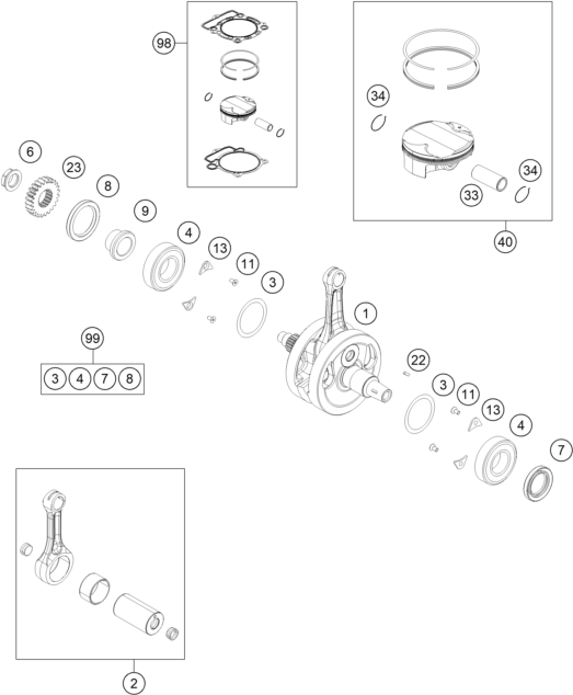 Explosionsgrafik KURBELWELLE, KOLBEN