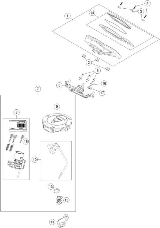 Explosionszeichnung der Baugruppe INSTRUMENTE / SCHLOSSSYSTEM, Position 4 ist markiert
