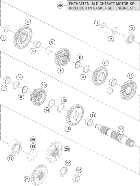 Explosionszeichnung der Baugruppe GETRIEBE II - ABTRIEBSWELLE, Position 13 ist markiert