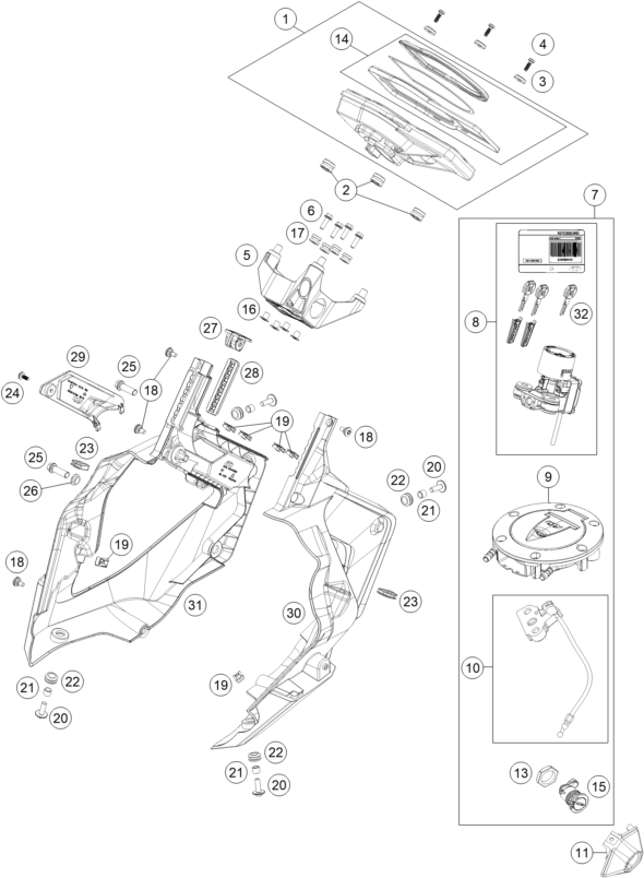 Explosionszeichnung der Baugruppe INSTRUMENTE / SCHLOSSSYSTEM, Position 8 ist markiert