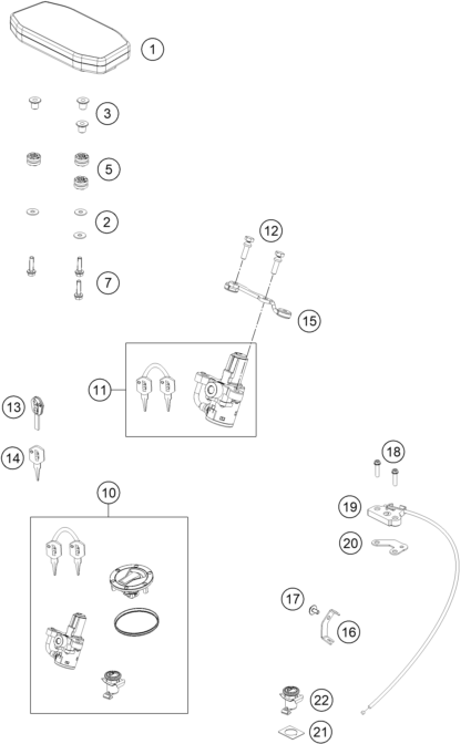 Explosionszeichnung der Baugruppe INSTRUMENTE / SCHLOSSSYSTEM, Position 1 ist markiert