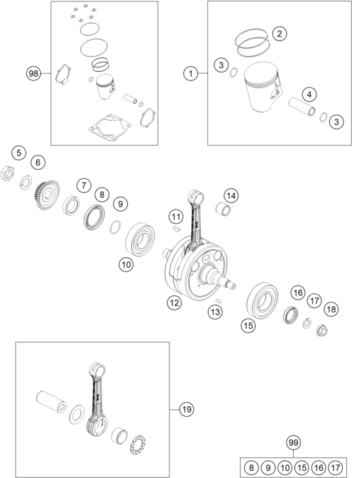 Explosionsgrafik KURBELWELLE, KOLBEN