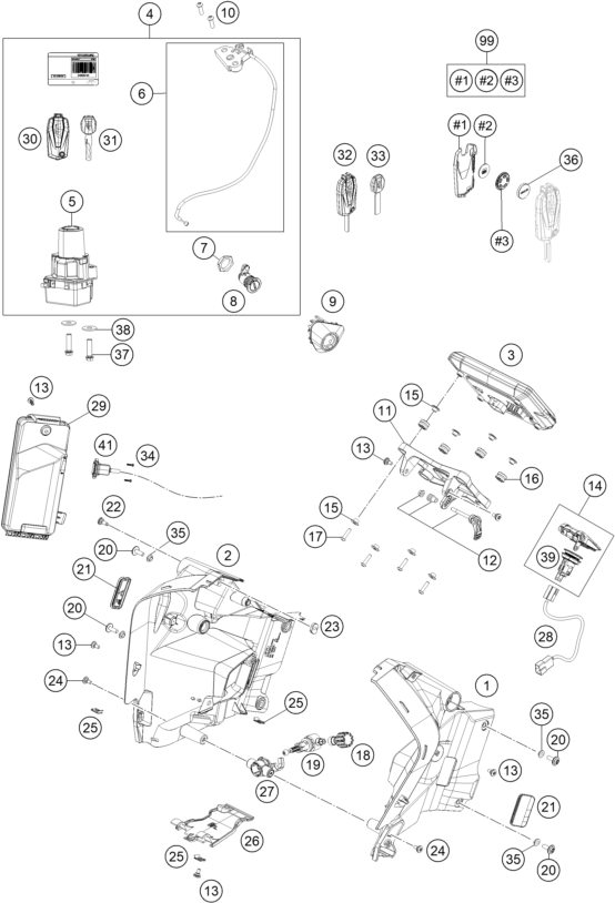 Explosionszeichnung der Baugruppe INSTRUMENTE / SCHLOSSSYSTEM, Position 99 ist markiert