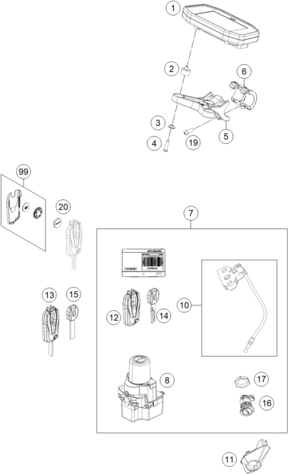 Explosionszeichnung der Baugruppe INSTRUMENTE / SCHLOSSSYSTEM, Position 6 ist markiert