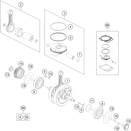Explosionsgrafik KURBELWELLE, KOLBEN