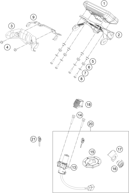 Explosionszeichnung der Baugruppe INSTRUMENTE / SCHLOSSSYSTEM, Position 15 ist markiert