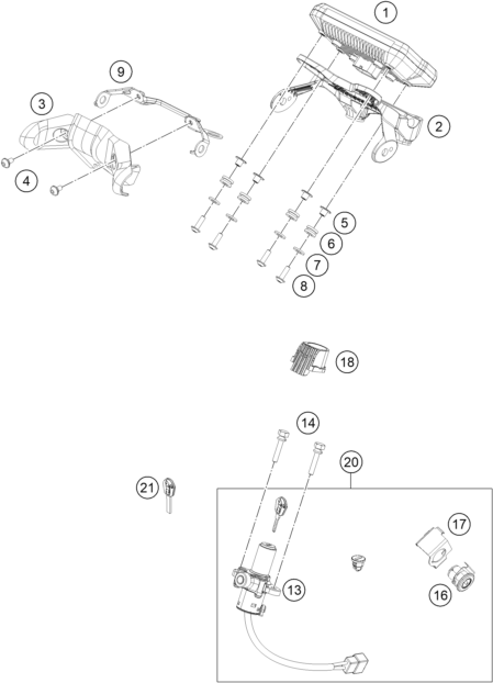 Explosionszeichnung der Baugruppe INSTRUMENTE / SCHLOSSSYSTEM, Position 18 ist markiert