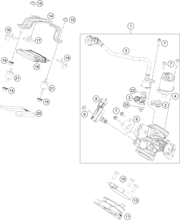 Explosionszeichnung der Baugruppe DROSSELKLAPPEN- / DREHWALZENKÖRPER, Position 1 ist markiert