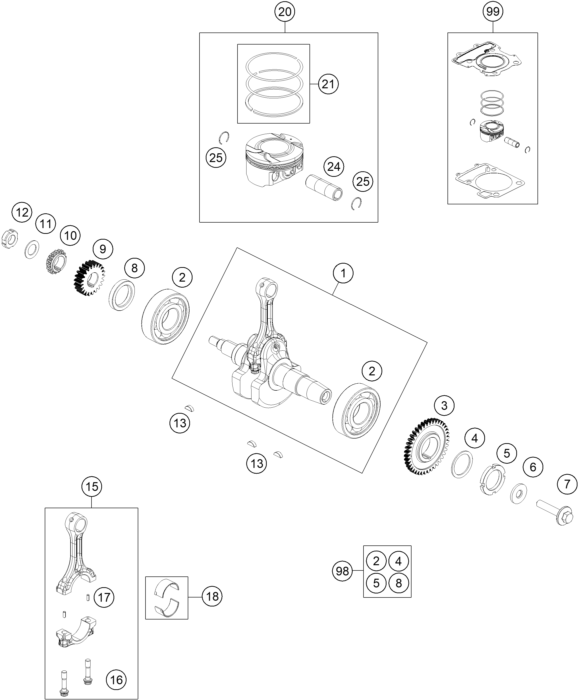 Explosionsgrafik KURBELWELLE, KOLBEN