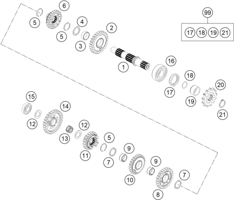 Explosionszeichnung der Baugruppe GETRIEBE II - ABTRIEBSWELLE, Position 99 ist markiert