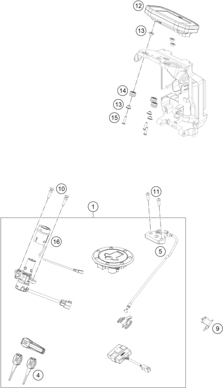 Explosionszeichnung der Baugruppe INSTRUMENTE / SCHLOSSSYSTEM, Position 1 ist markiert