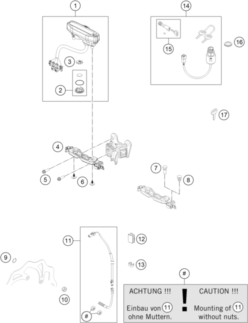 Explosionszeichnung der Baugruppe INSTRUMENTE / SCHLOSSSYSTEM, Position 10 ist markiert