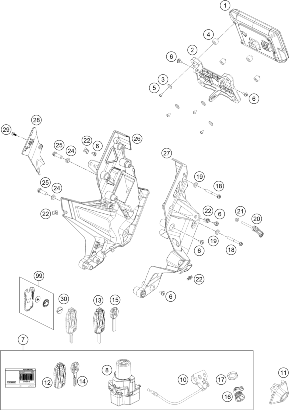 Explosionszeichnung der Baugruppe INSTRUMENTE / SCHLOSSSYSTEM, Position 2 ist markiert