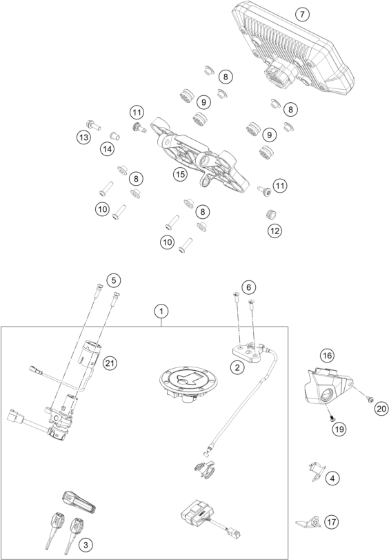Explosionszeichnung der Baugruppe INSTRUMENTE / SCHLOSSSYSTEM, Position 14 ist markiert