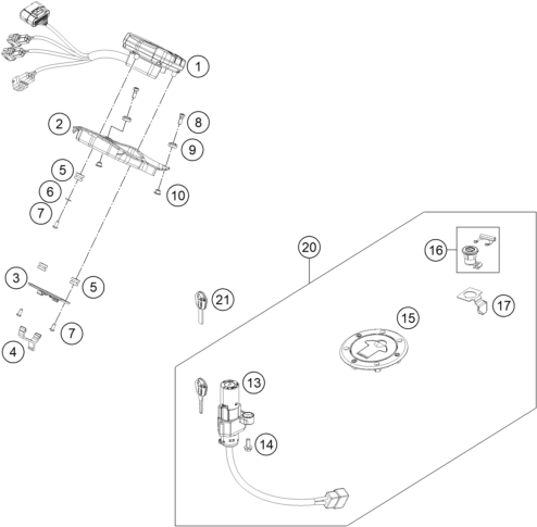 Explosionszeichnung der Baugruppe INSTRUMENTE / SCHLOSSSYSTEM, Position 20 ist markiert