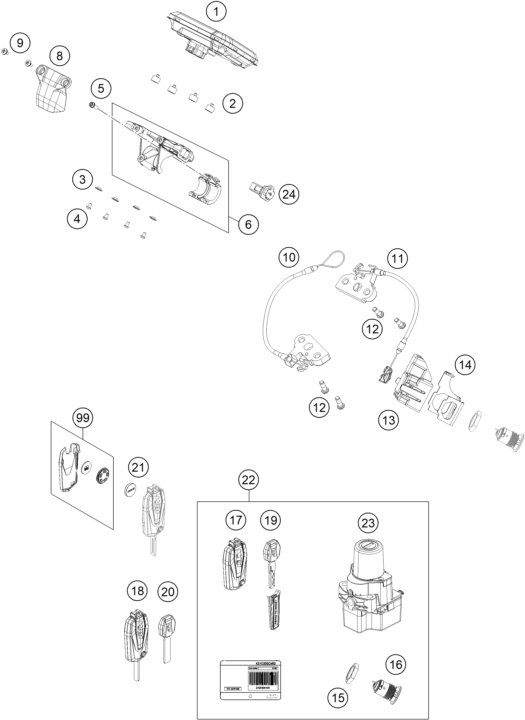 Explosionszeichnung der Baugruppe INSTRUMENTE / SCHLOSSSYSTEM, Position 16 ist markiert