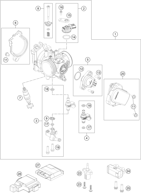 Explosionszeichnung der Baugruppe DROSSELKLAPPEN- / DREHWALZENKÖRPER, Position 1 ist markiert