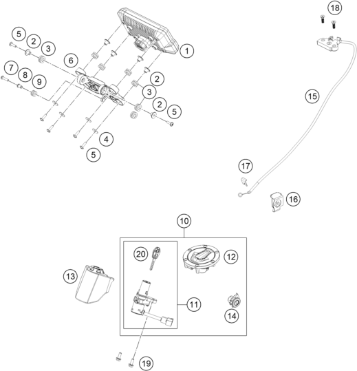 Explosionszeichnung der Baugruppe INSTRUMENTE / SCHLOSSSYSTEM, Position 6 ist markiert