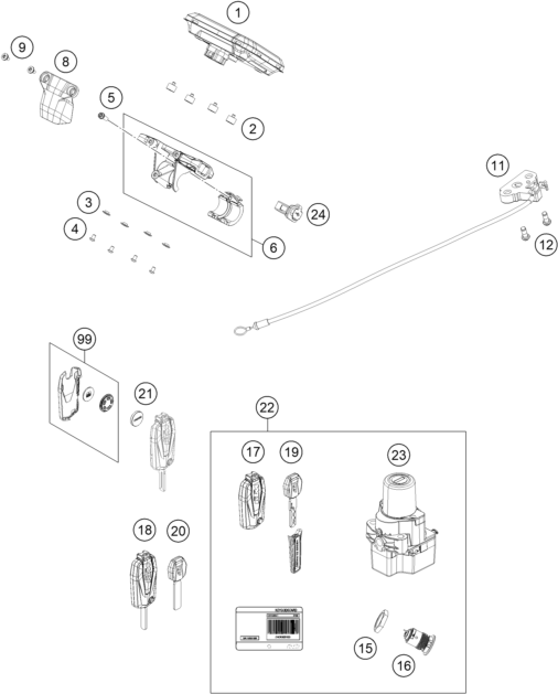 Explosionszeichnung der Baugruppe INSTRUMENTE / SCHLOSSSYSTEM, Position 1 ist markiert