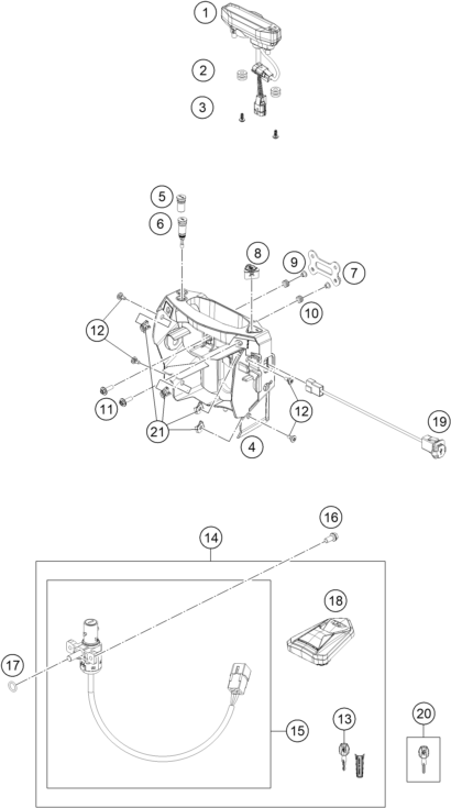 Explosionszeichnung der Baugruppe INSTRUMENTE / SCHLOSSSYSTEM, Position 1 ist markiert