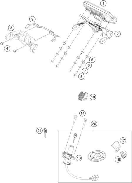 Explosionszeichnung der Baugruppe INSTRUMENTE / SCHLOSSSYSTEM, Position 20 ist markiert