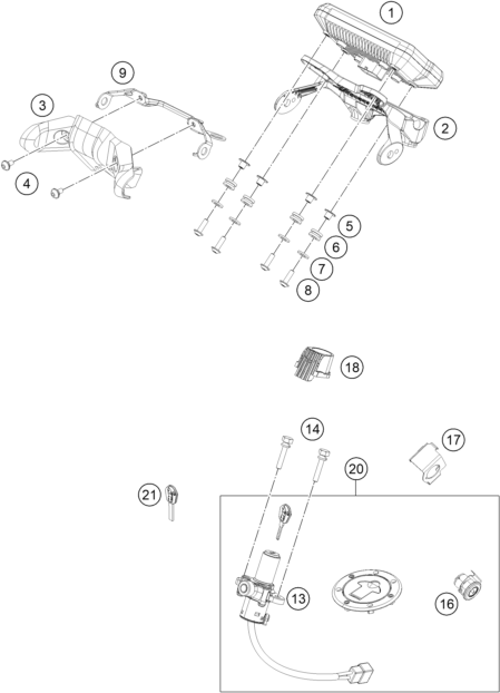 Explosionszeichnung der Baugruppe INSTRUMENTE / SCHLOSSSYSTEM, Position 20 ist markiert