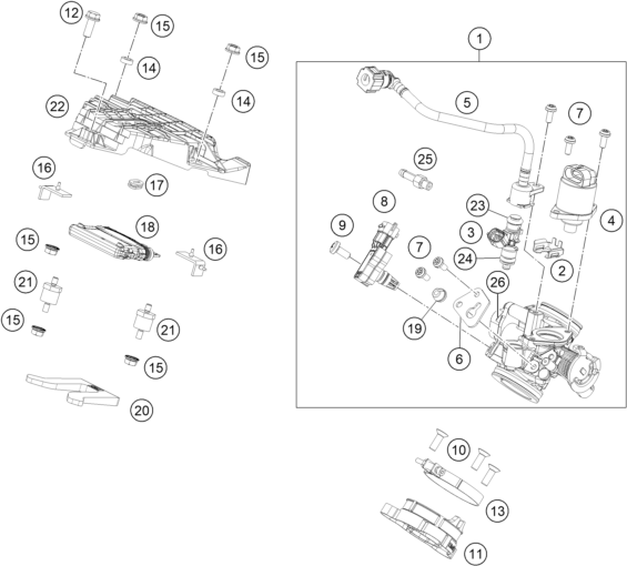 Explosionszeichnung der Baugruppe DROSSELKLAPPEN- / DREHWALZENKÖRPER, Position 1 ist markiert