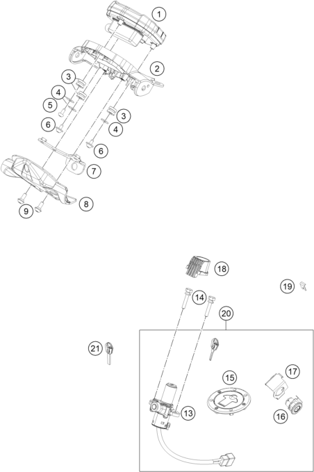 Explosionszeichnung der Baugruppe INSTRUMENTE / SCHLOSSSYSTEM, Position 19 ist markiert