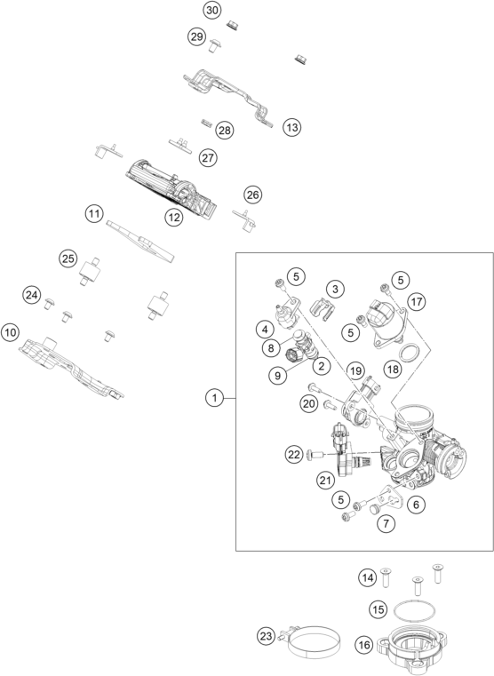 Explosionszeichnung der Baugruppe DROSSELKLAPPEN- / DREHWALZENKÖRPER, Position 1 ist markiert