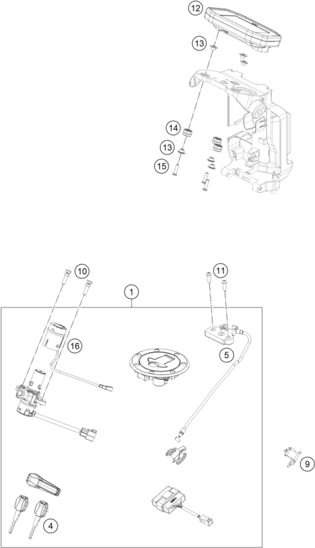 Explosionszeichnung der Baugruppe INSTRUMENTE / SCHLOSSSYSTEM, Position 4 ist markiert