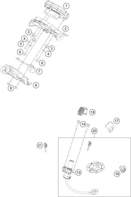 Explosionszeichnung der Baugruppe INSTRUMENTE / SCHLOSSSYSTEM, Position 1 ist markiert