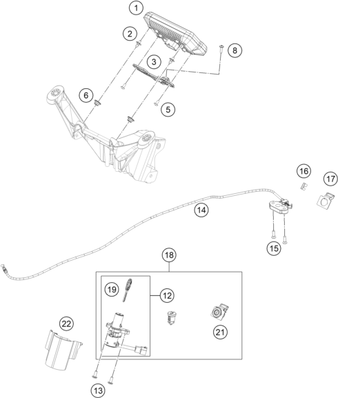 Explosionszeichnung der Baugruppe INSTRUMENTE / SCHLOSSSYSTEM, Position 22 ist markiert