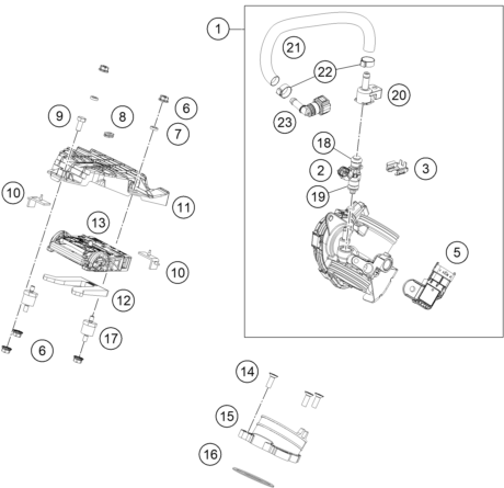 Explosionszeichnung der Baugruppe DROSSELKLAPPEN- / DREHWALZENKÖRPER, Position 1 ist markiert