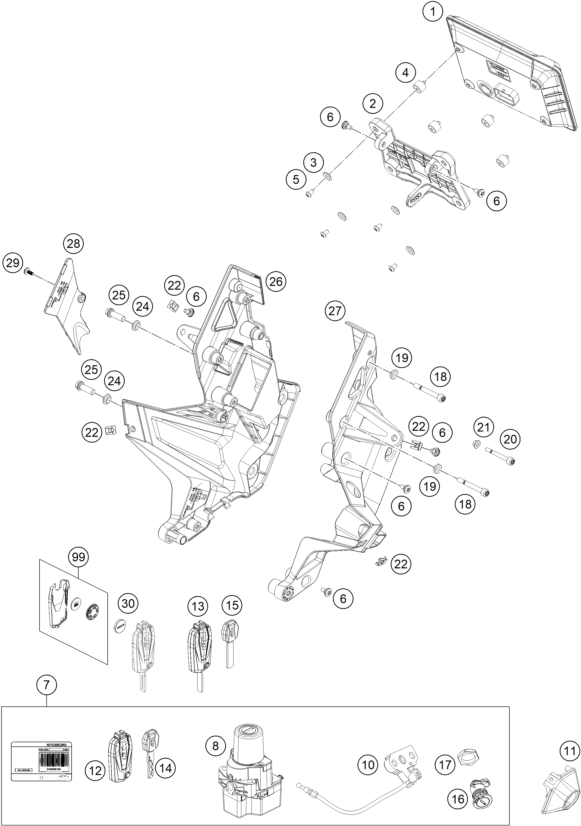 Explosionszeichnung der Baugruppe INSTRUMENTE / SCHLOSSSYSTEM, Position 10 ist markiert