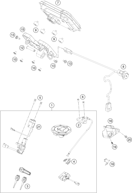 Explosionszeichnung der Baugruppe INSTRUMENTE / SCHLOSSSYSTEM, Position 16 ist markiert