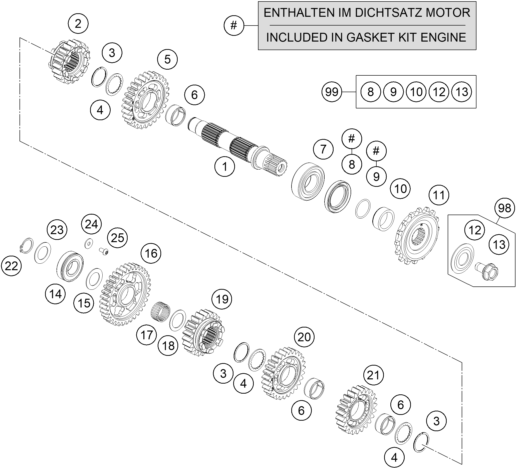 Explosionszeichnung der Baugruppe GETRIEBE II - ABTRIEBSWELLE, Position 1 ist markiert