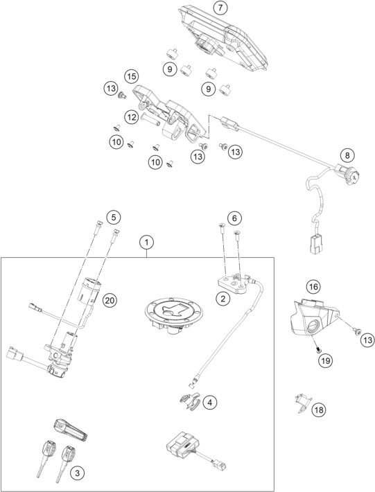 Explosionszeichnung der Baugruppe INSTRUMENTE / SCHLOSSSYSTEM, Position 1 ist markiert