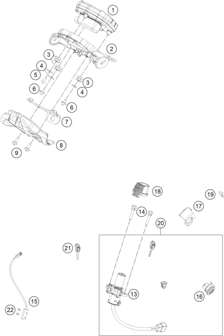 Explosionszeichnung der Baugruppe INSTRUMENTE / SCHLOSSSYSTEM, Position 9 ist markiert