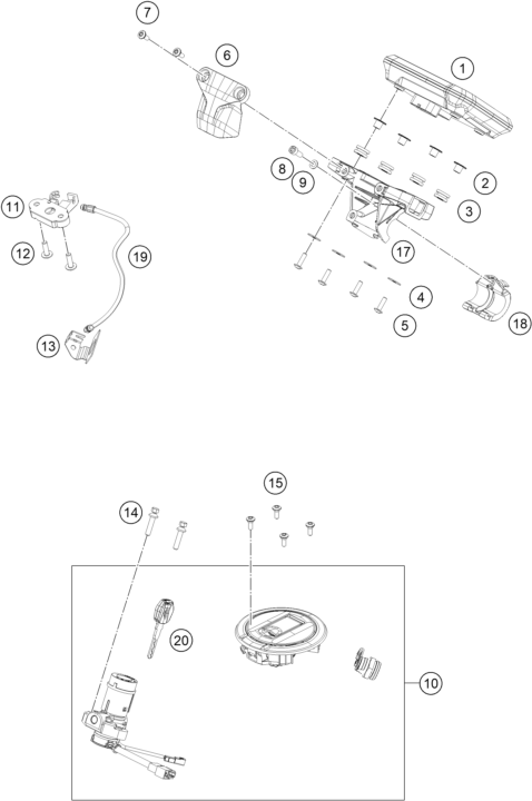 Explosionszeichnung der Baugruppe INSTRUMENTE / SCHLOSSSYSTEM, Position 10 ist markiert