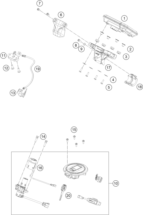 Explosionszeichnung der Baugruppe INSTRUMENTE / SCHLOSSSYSTEM, Position 10 ist markiert
